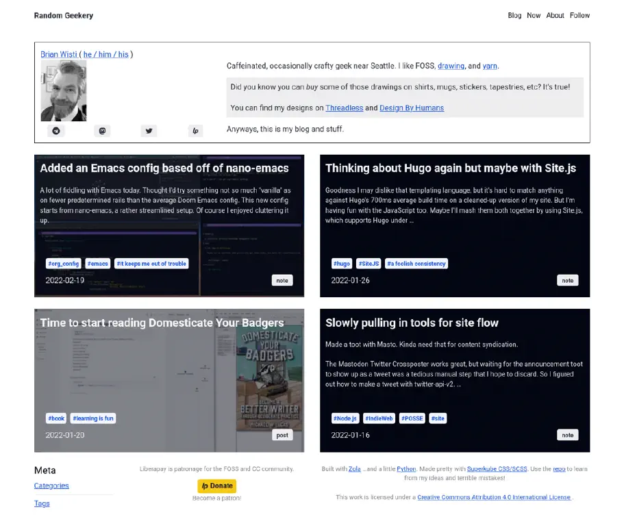 screenshot of blog page with recent post summaries and an author bio