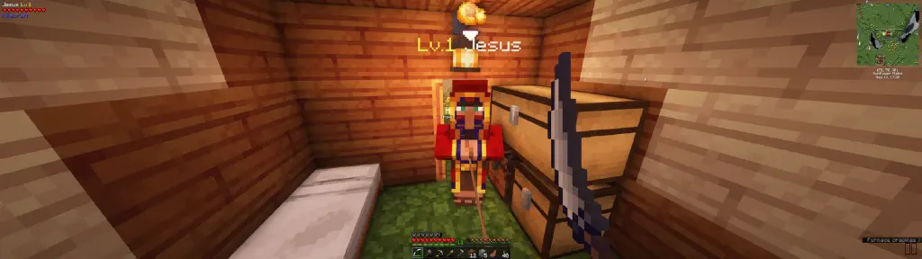Over a wandering trader floats the text &ldquo;Lv. 1 Jesus&rdquo; short for &ldquo;Level One Jesus&rdquo;