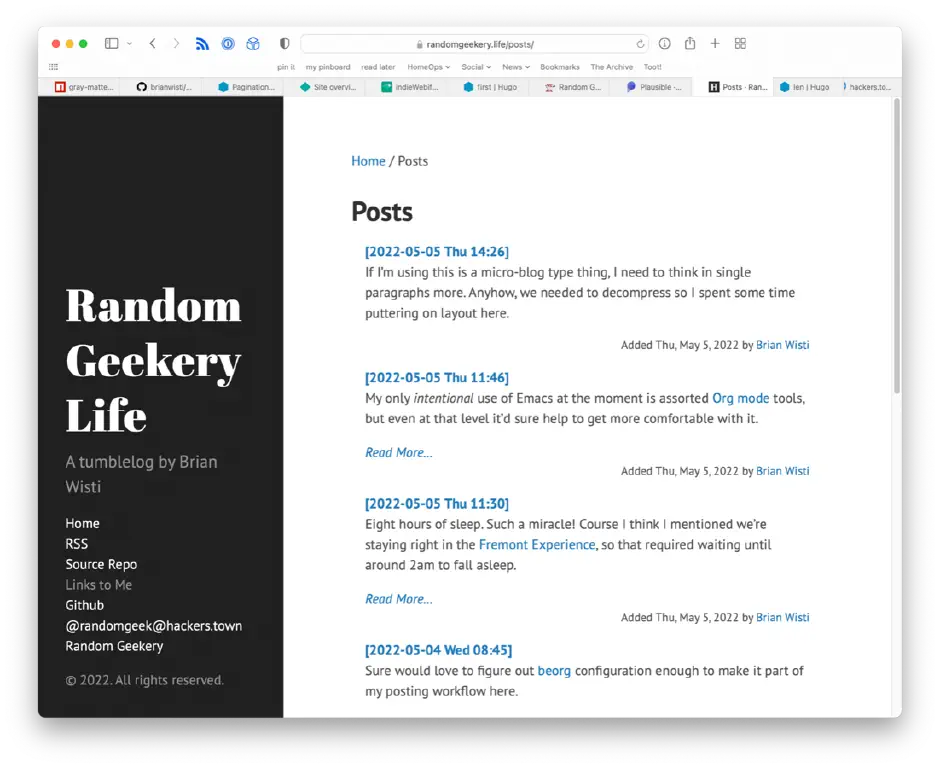 Screenshot of site with post summaries listed