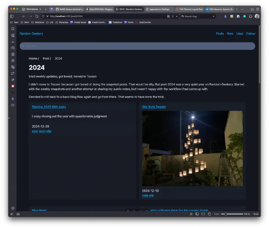 Vivaldi browser view of the same page, where posts without cover images take up exactly the same amount of space as posts with cover images
