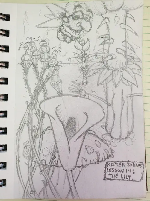 pencil sketch of strange flowers and a silly head with wings