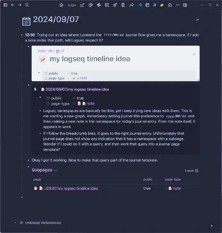 A journal entry describing the thought process described in the toot, with screenshots and embedded content of the subpage note