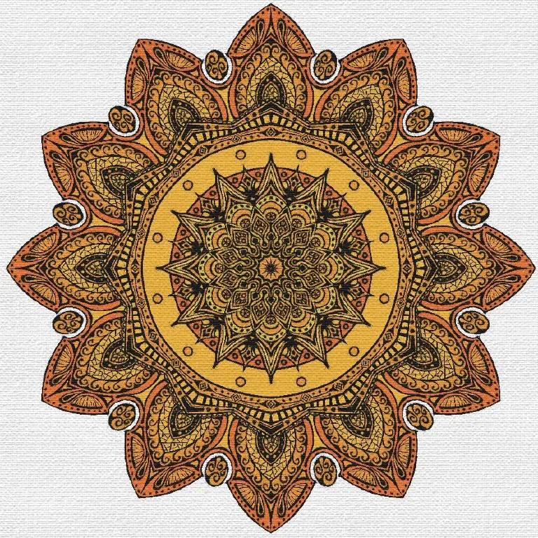 Kaleidoscopic symmetry drawing with black lines, orange colors, and a textured white canvas background