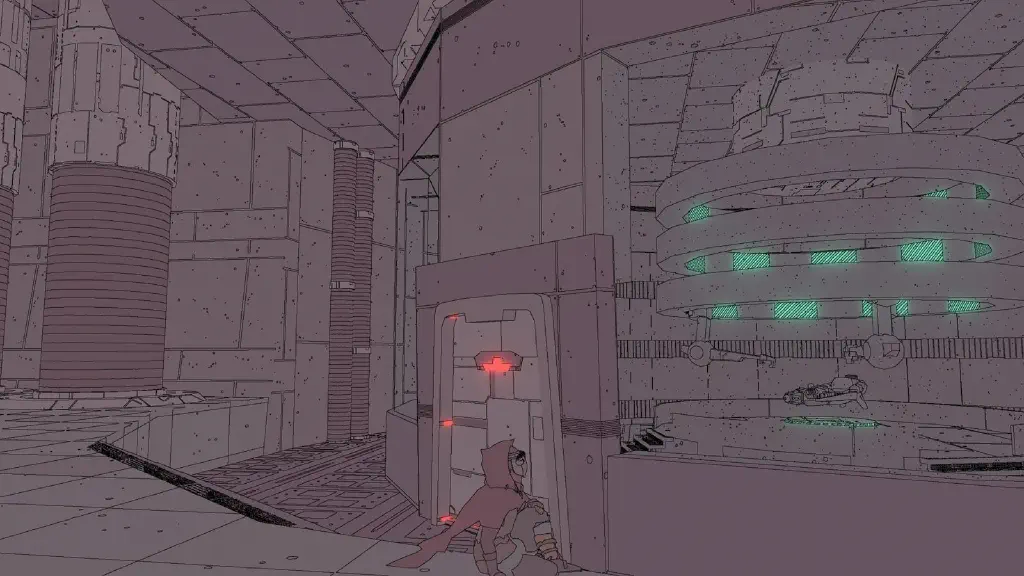 game screenshot with Sable sitting in a large spacecraft, with what appears to be a very fancy hoverbike on the other side of a secured door.