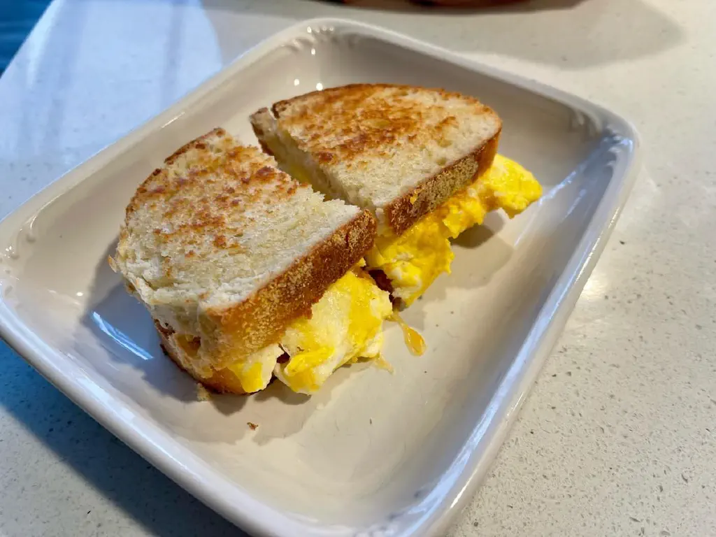 A delicious egg and cheese breakfast sandwich on homemade white bread