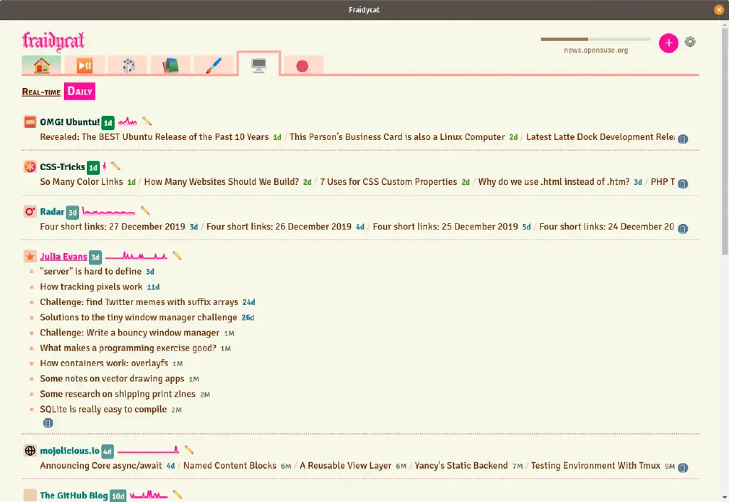 Screenshot of daily computer feed, with an item expanded to list recent updates