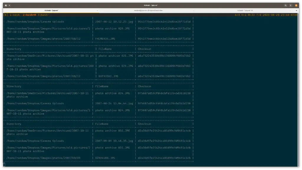 terminal with text tables describing likely duplicate files