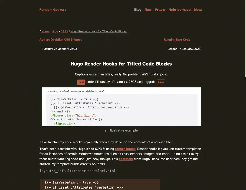 blog post on dark background with orange-red links