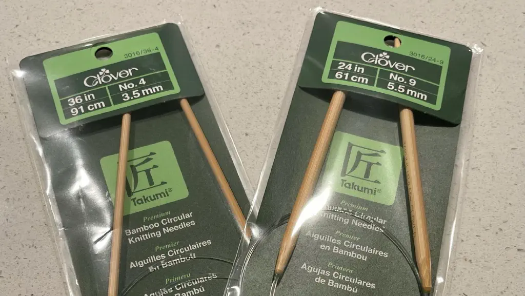 36” #9 circular knitting needles next to 24” #4 circular knitting needles