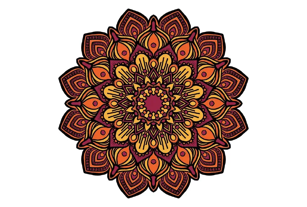 Mandala-style drawing in red, orange, and yellow
