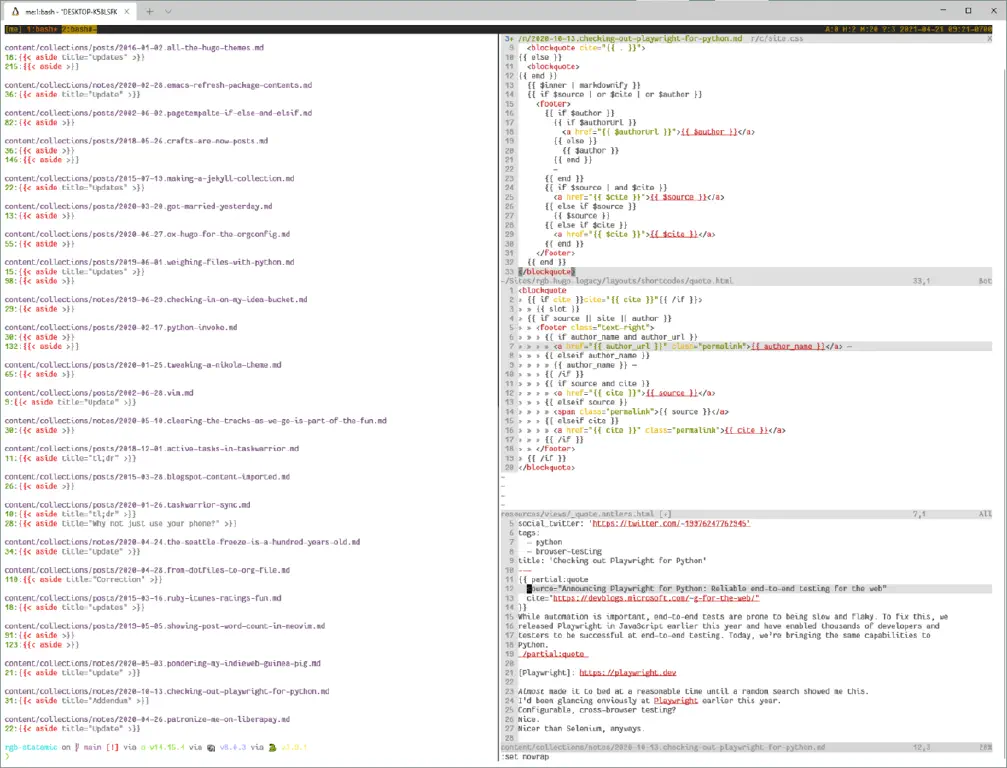 Screenshot of console session showing a search for shortcodes and Vim with buffers for current conversion