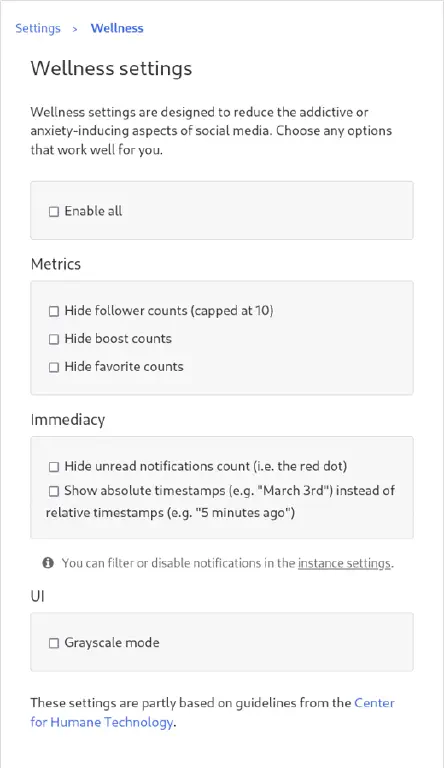 pinafore&rsquo;s wellness settings, with options like &ldquo;treat all media as sensitive&rdquo;