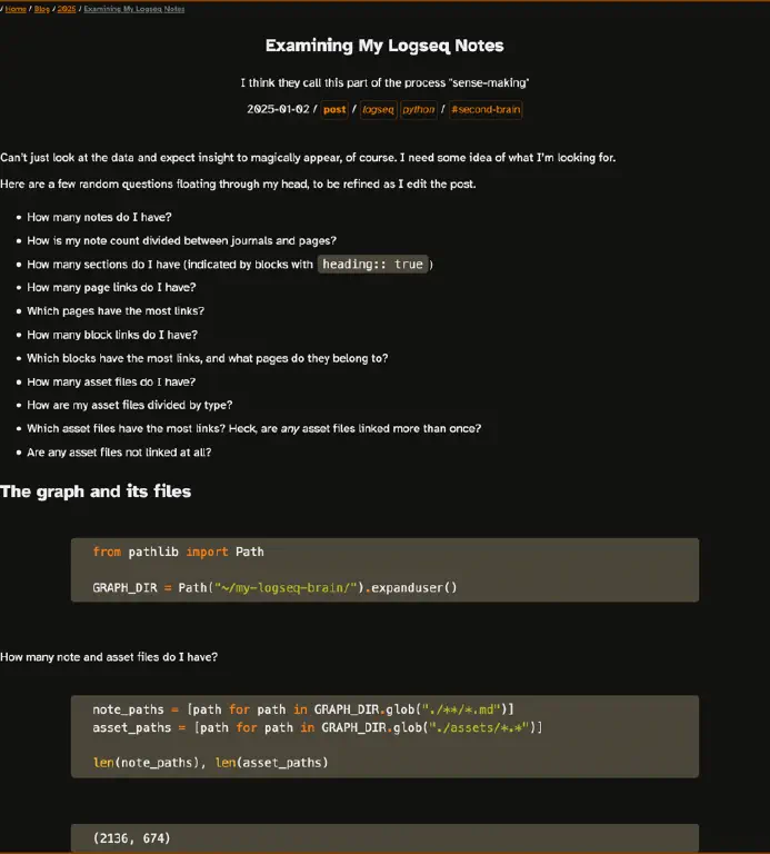 Browser view of a blog post outline, including evaluated code blocks where the code is displayed followed by the result of executing that code