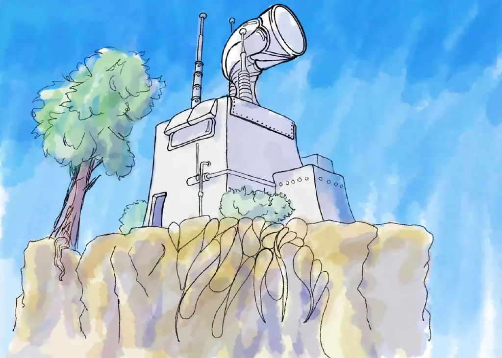 Some sort of observatory-like structure on a cliff, with nearby tree