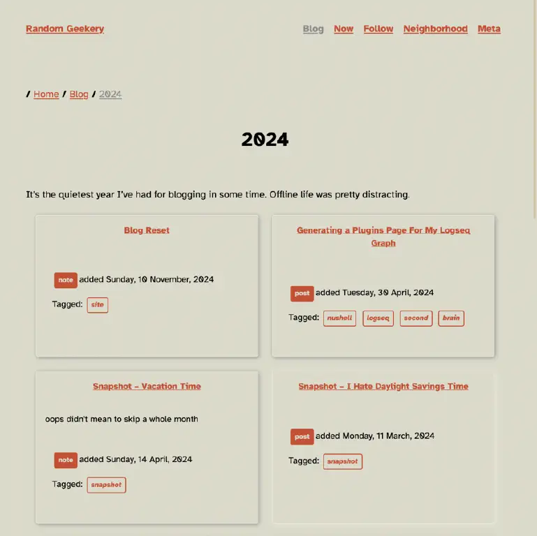 Blog post listing with off-white background and orange links