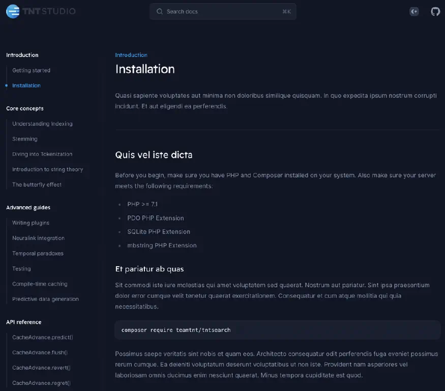 nicely formatted documentation page with loads of &ldquo;lorem ipsum&rdquo; filler text but also a few actual instructions