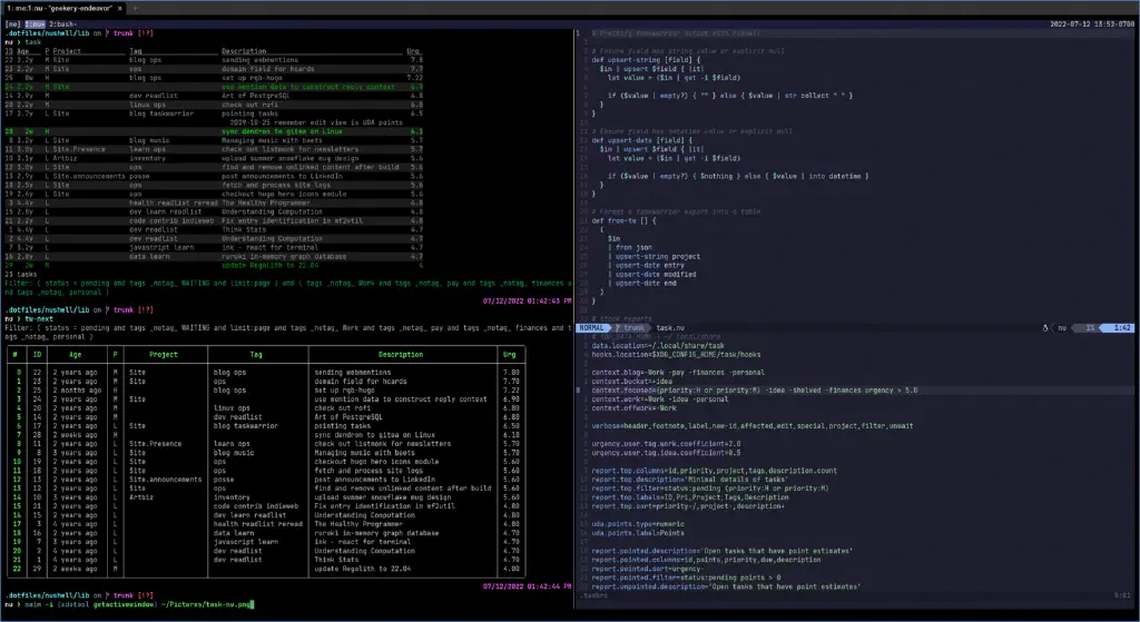terminal split view: one shows output of taskwarrior command with Nushell table from export; other shows nushell code and taskwarrior settings