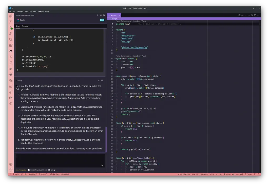 Visual Studio Code showing some Go code and a list of shortcomings found in that code.