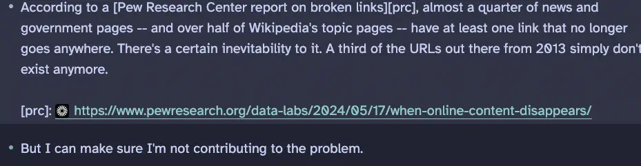 Bullet points of a draft blog post written in Logseq, with a link reference defined for a Pew Research article about link rot. The URL in the definition is formatted to stand out and is clickable, but the reference itself and the link using that reference are not.