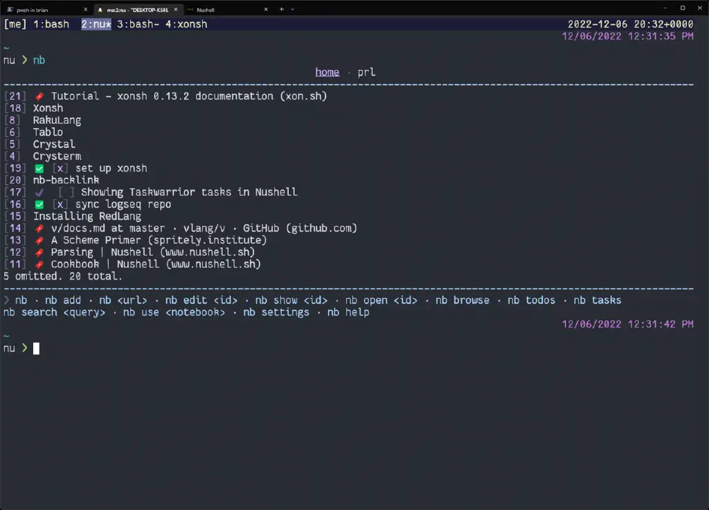 terminal with list of notes in my “home” notebook, including bookmarks, topic notes, and task notes.