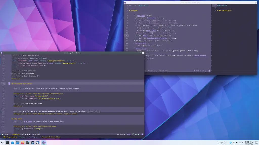 Emacs Doom screenshot showing org-roam daily notes in one window, and an org config in the other.