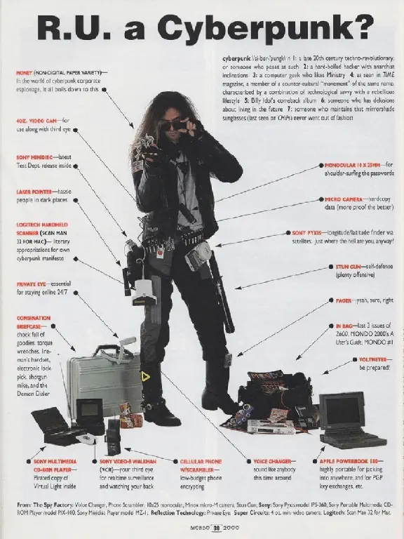 Infographic-style photo of early 90&rsquo;s industrial fashion dude with labels for each of his high tech items of the time such as micro camera, handheld scanner, cellular phone with scrambler, video walkman, cd-rom player, Mondo 2000 and 2600 issues, and apple powerbook 180; untagged cans of Jolt Cola