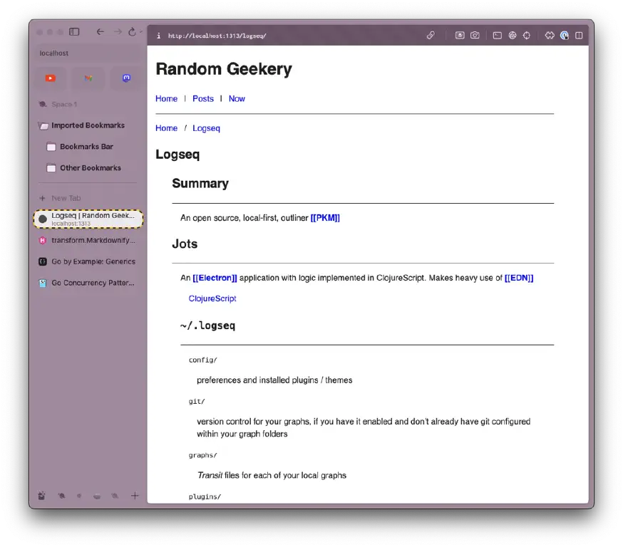 Arc browser showing a Web page about the Logseq personal knowledge manager