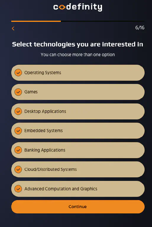 Codefinity onboarding process instructing you to select technologies you are interested in, and letting you know you can choose more than one option. Half a dozen disparate options are listed, from embedded to desktop to cloud scale. I have checked all of them
