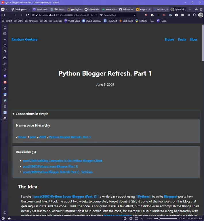 Same Web page, with “Connections in Graph” disclosure widget expanded and displaying sections “Namespace Hierarchy” and “Backlinks”