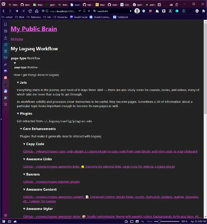 A Logseq note using nested details element for the outline structure, with a dark theme and sans-serif font applied to the style.