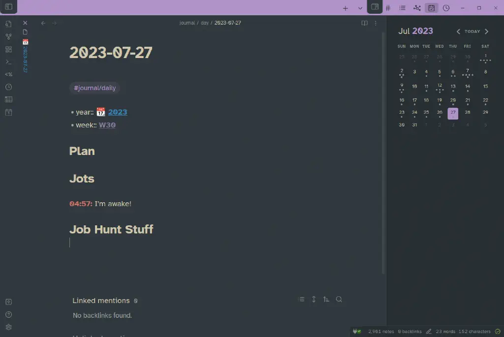 An Obsidian daily note with tags and Dataview properties