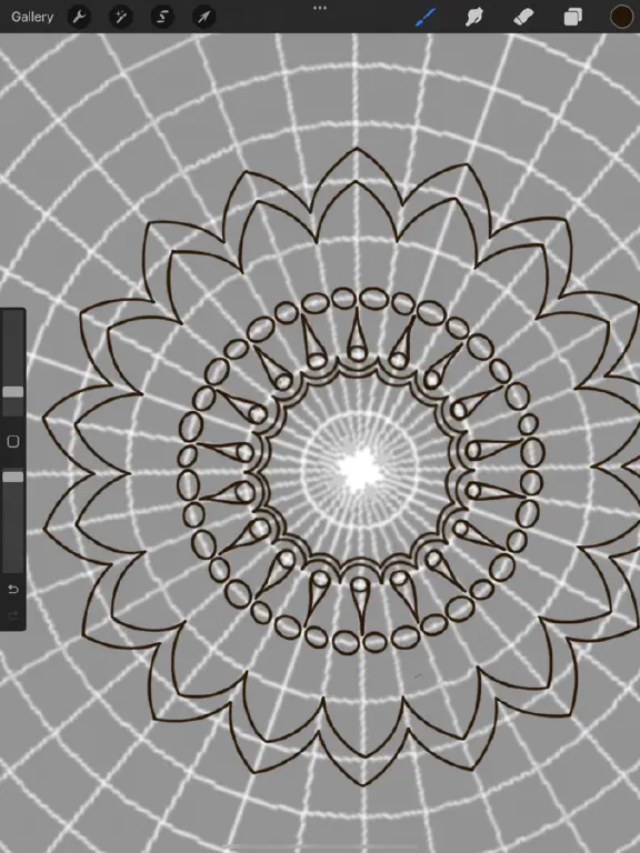 Procreate app zoomed in on the beginnings of a radial symmetry drawing.