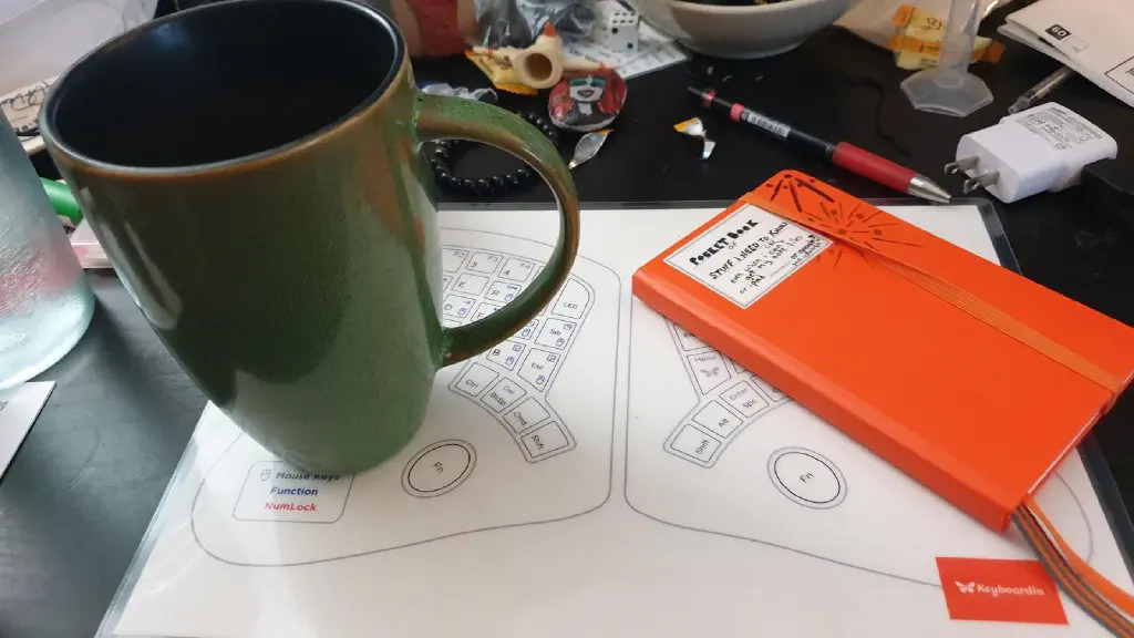 Coffee cup and pocket notebook on desk