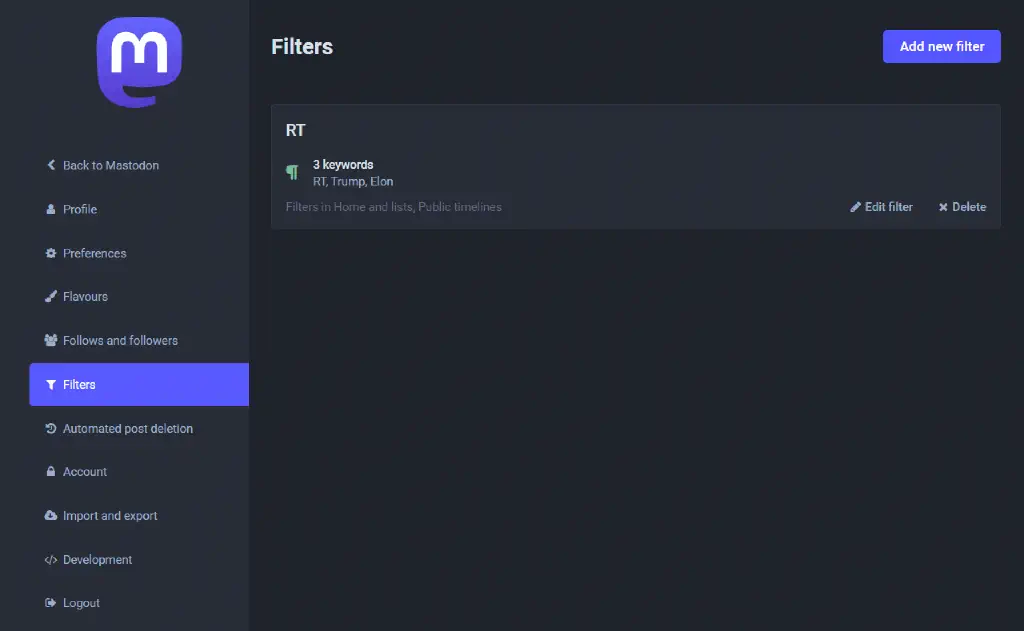 Mastodon user preferences for filters