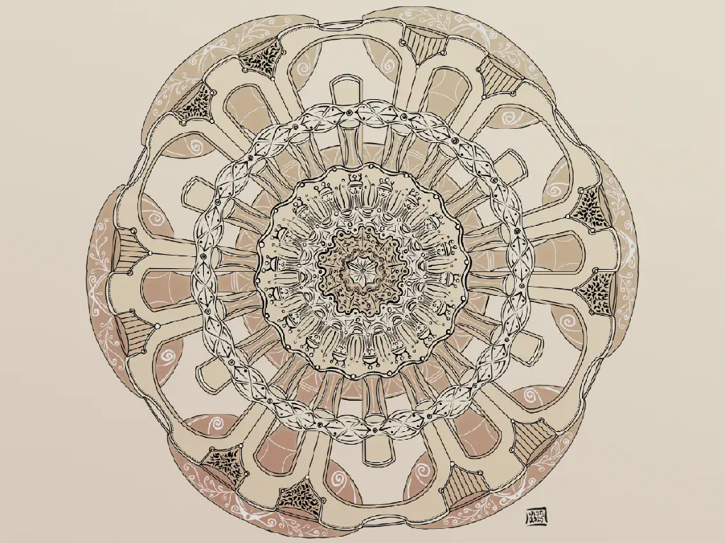 symmetrical mandala-style line drawing with beige coloring