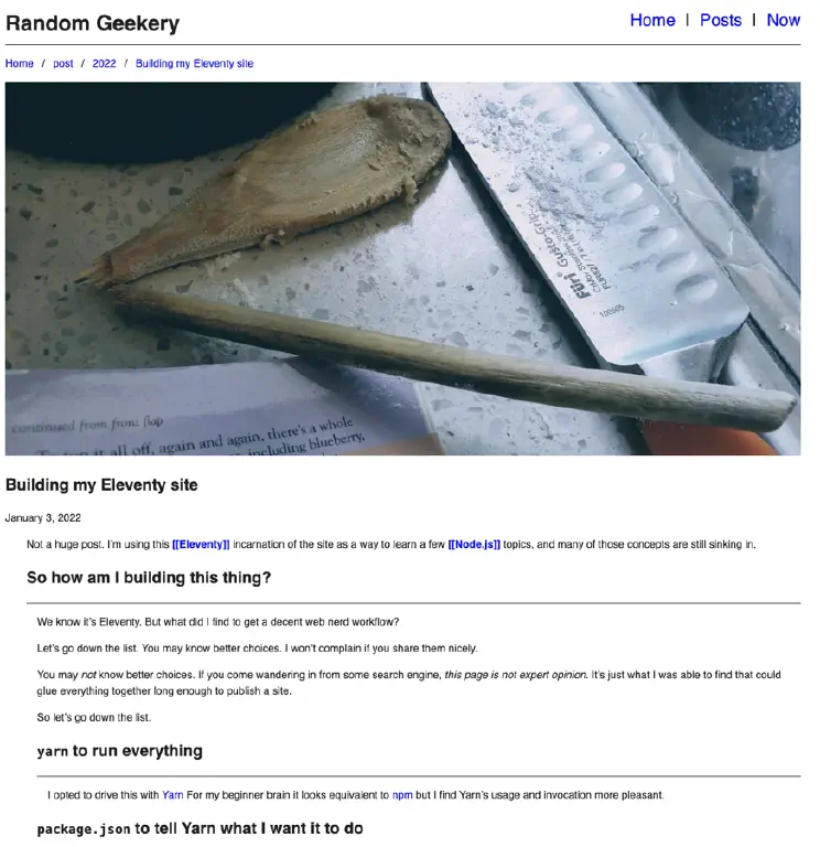 A blog post about using Eleventy, with banner image of a broken wooden kitchen spoon with cookie batter still on it