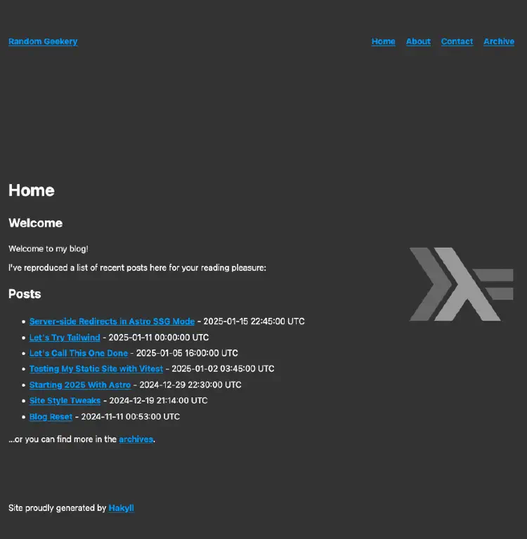 Basic blog post front page with recent posts listed and a Haskell programming language logo, all in a dark color scheme