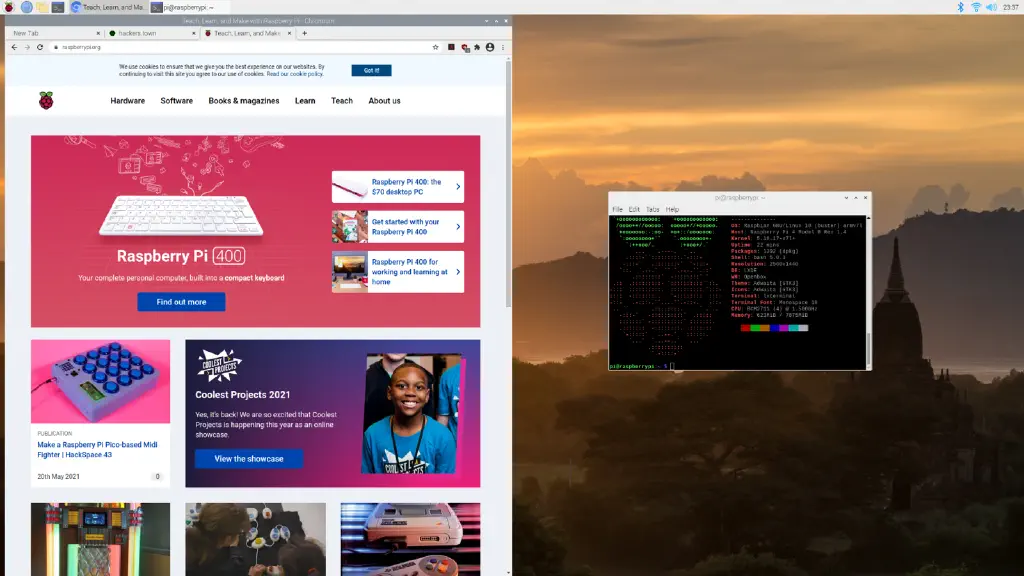 screenshot of Raspbian desktop with Chromium open to Raspberry Pi home and terminal showing neofetch stats output