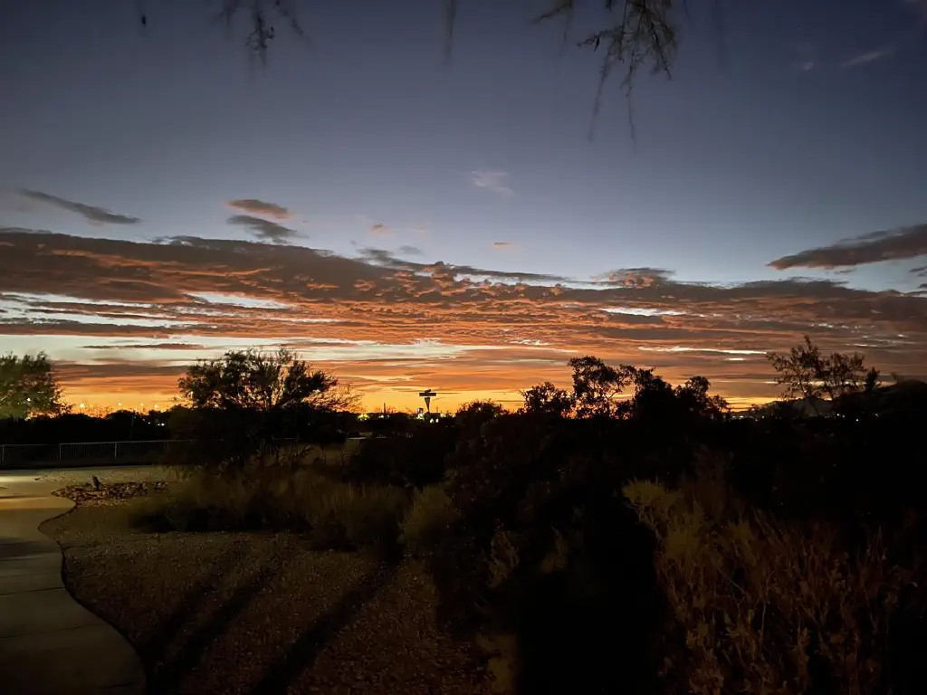Clouds over darkening horizon, undersides lit orange by setting sun