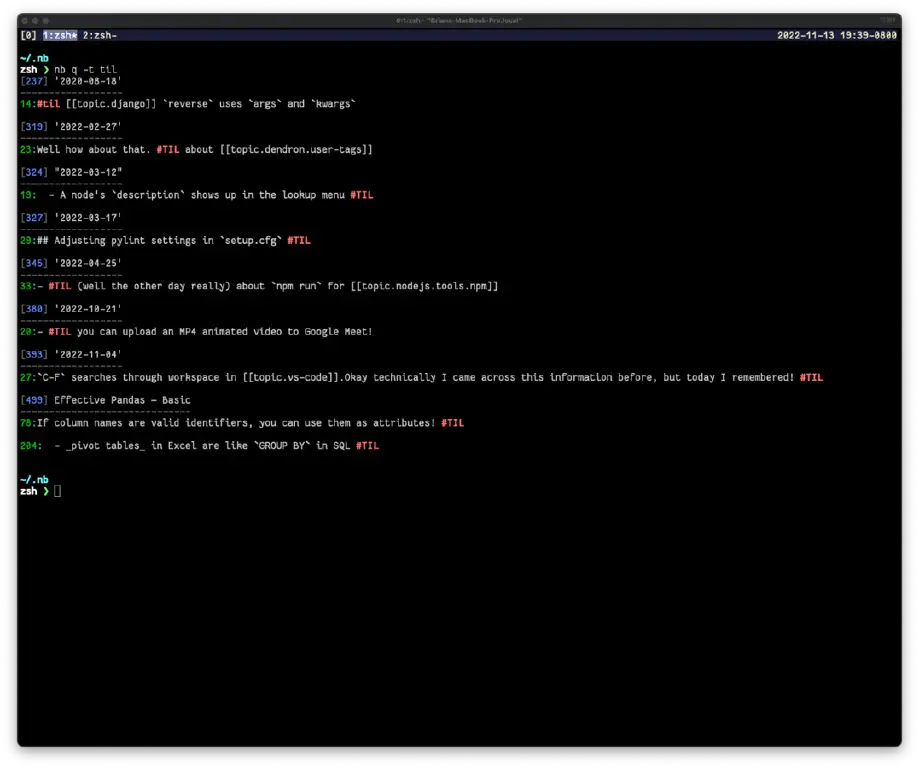 nb q -t til` which searches for the tag &ldquo;#til&rdquo; and shows lines of text with &ldquo;#TIL&rdquo; highlighted