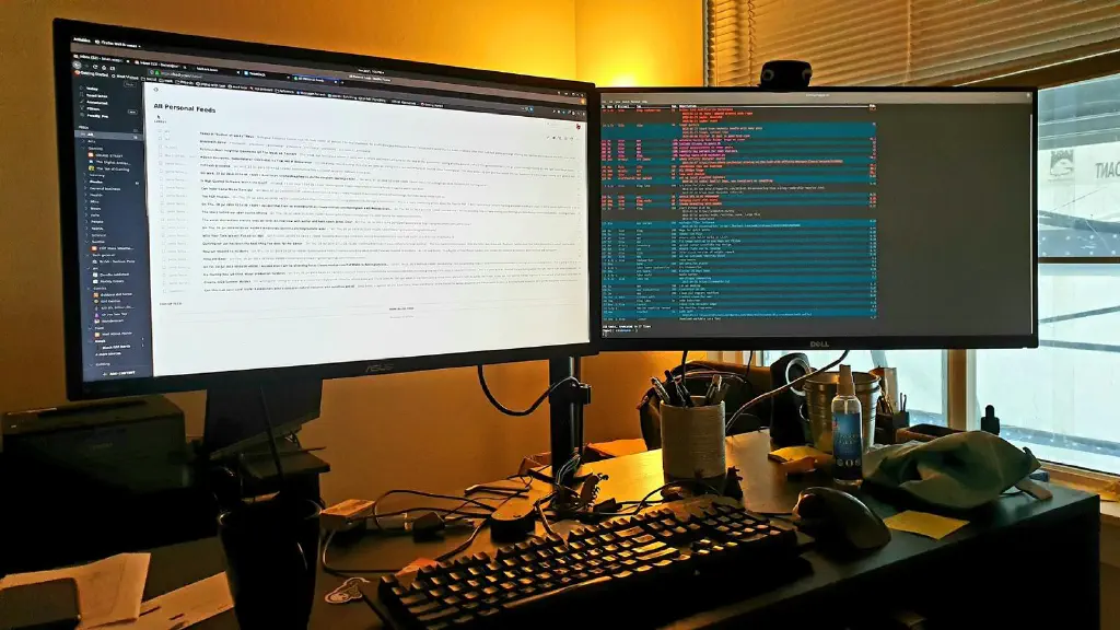 Two monitors mounted side by side and angled for easy viewing.