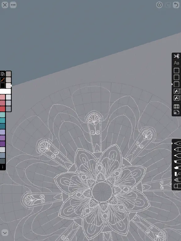 In progress mandala style circular drawing with floral effects