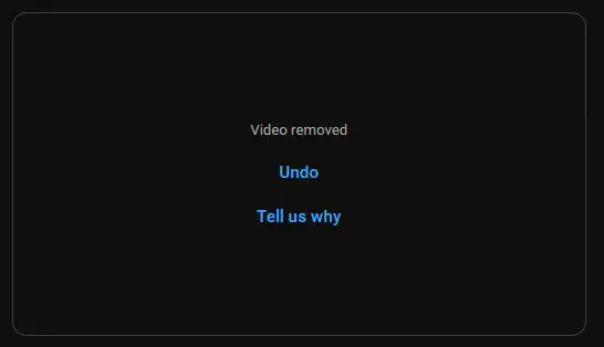 YouTube interface showing video has been removed from recommendations