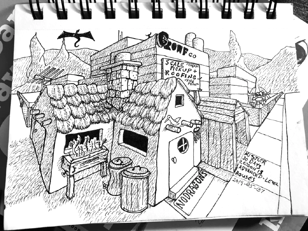 Sketch of houses in pen, including cartoon dragon from old gaming comic strip