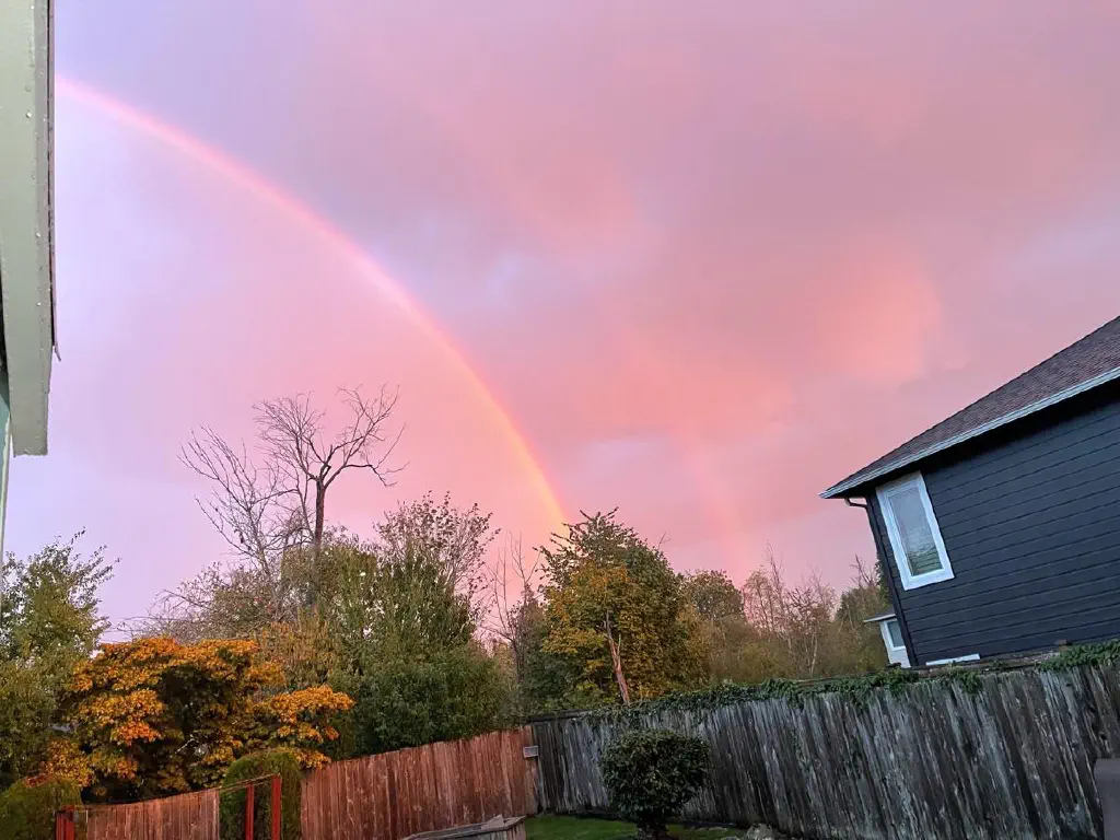 Quick photo of multi-hued dusk sky with rainbows visible. 