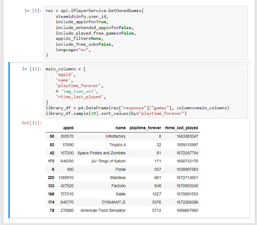 Jupyter notebook with cell showing sample of 10 games from my library, sorted by total playtime. American Truck Simulator has the most playtime.