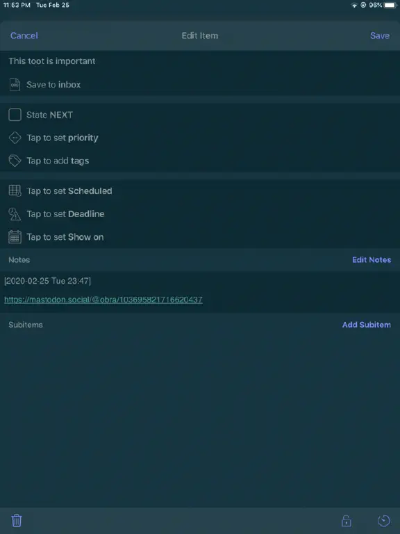 Beorg screenshot showing link to toot