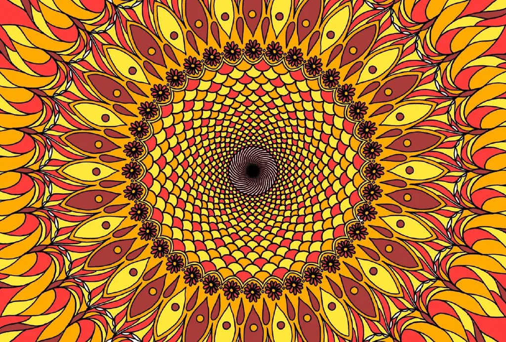 Yellow, orange, and red Kalaidoscopic image looking like a sunburst or sunflower