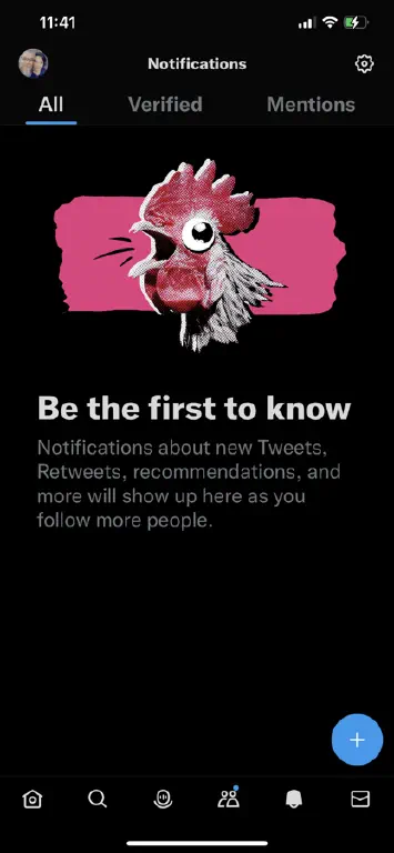 Twitter notifications screen showing image of a googly-eyed rooster crowing, and onboarding message telling me about notifications. 
