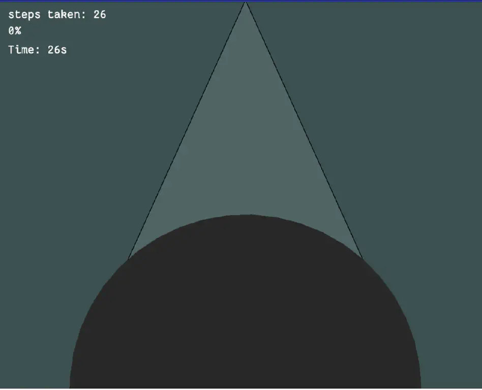 simplified geometric view of a boulder on a path that extends to the horizon; text indicates that 26 steps have been taken, 0% of the journey is complete, and 26 seconds have elapsed since game start